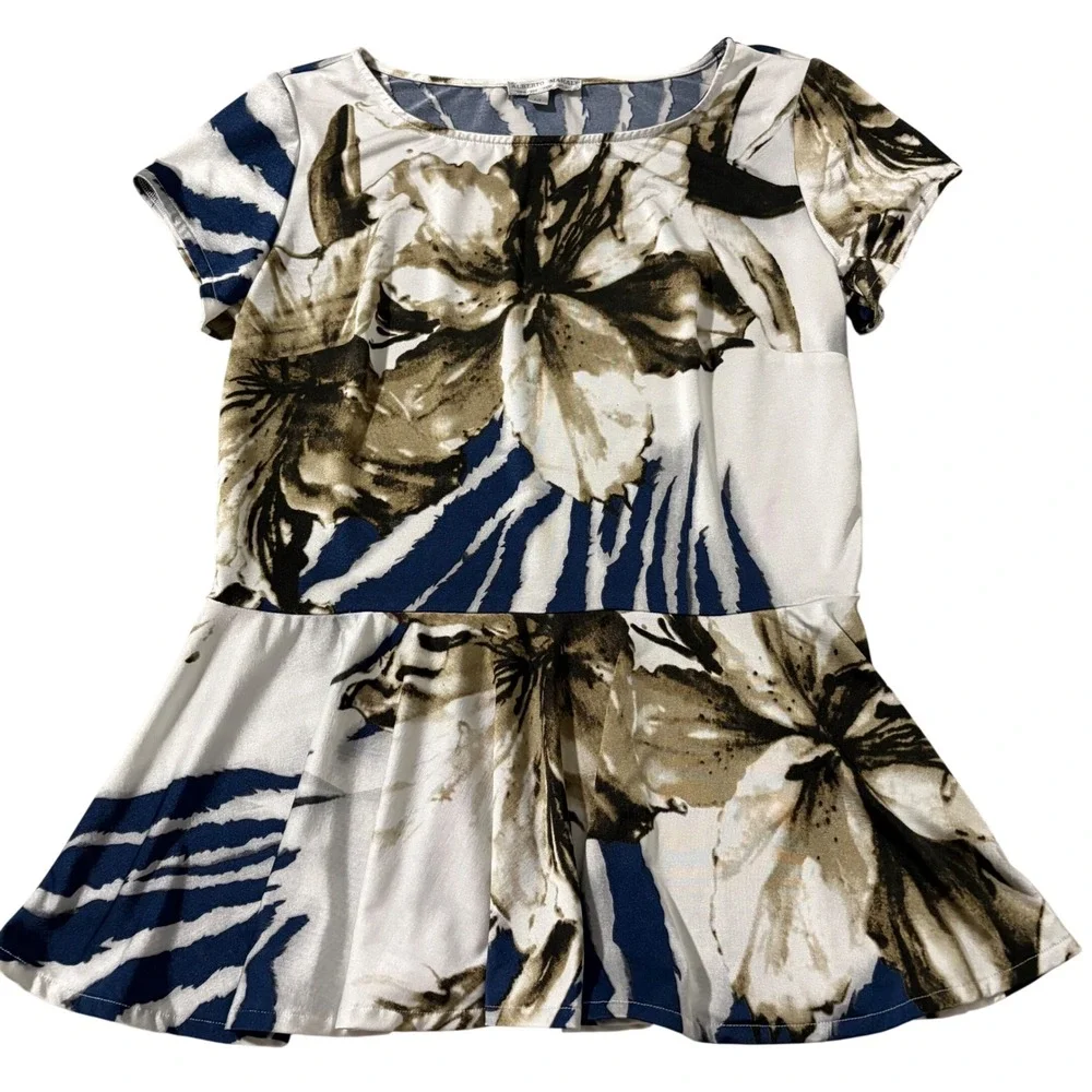 Alberto Makali Floral Zebra Print Peplum Top Short Sleeve Navy Olive White M - Picture 1 of 10